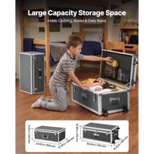 metal storage trunk, set of 2, wooden suitcase storage boxes with padlocks, large trunk includes casters and 3 metal handles, decorative store chest with lids for travel, apartment, dorm, gray