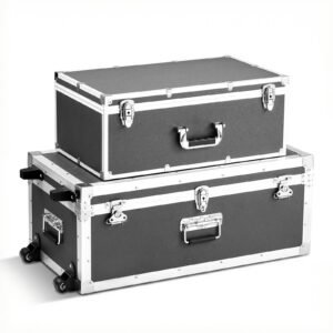 Metal Storage Trunk, Set of 2, Wooden Suitcase Storage Boxes with Padlocks, Large Trunk Includes Casters and 3 Metal Handles, Decorative Store Chest with Lids for Travel, Apartment, Dorm, Gray