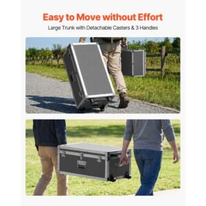 metal storage trunk, set of 2, wooden suitcase storage boxes with padlocks, large trunk includes casters and 3 metal handles, decorative store chest with lids for travel, apartment, dorm, gray