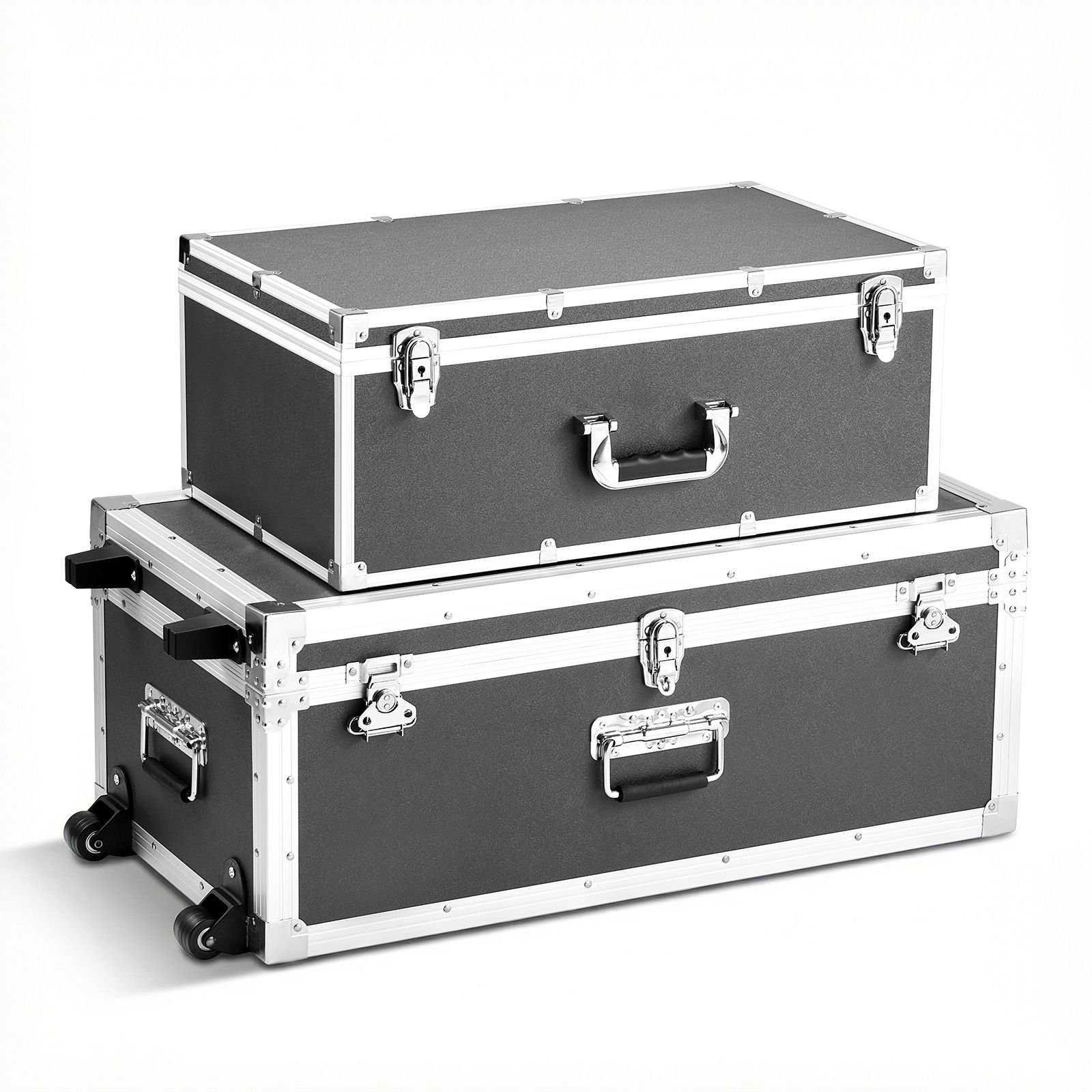 metal storage trunk, set of 2, wooden suitcase storage boxes with padlocks, large trunk includes casters and 3 metal handles, decorative store chest with lids for travel, apartment, dorm, gray