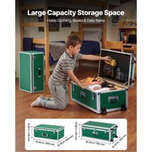 metal storage trunk, set of 2, wooden suitcase storage boxes with padlocks, large trunk includes casters and 3 metal handles, decorative store chest with lids for travel, apartment, dorm, green