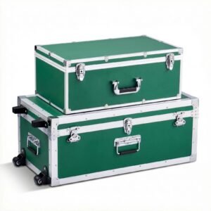 Metal Storage Trunk, Set of 2, Wooden Suitcase Storage Boxes with Padlocks, Large Trunk Includes Casters and 3 Metal Handles, Decorative Store Chest with Lids for Travel, Apartment, Dorm, Green