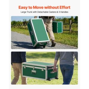 metal storage trunk, set of 2, wooden suitcase storage boxes with padlocks, large trunk includes casters and 3 metal handles, decorative store chest with lids for travel, apartment, dorm, green