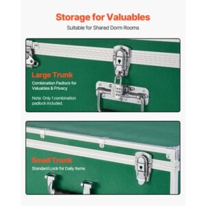 metal storage trunk, set of 2, wooden suitcase storage boxes with padlocks, large trunk includes casters and 3 metal handles, decorative store chest with lids for travel, apartment, dorm, green