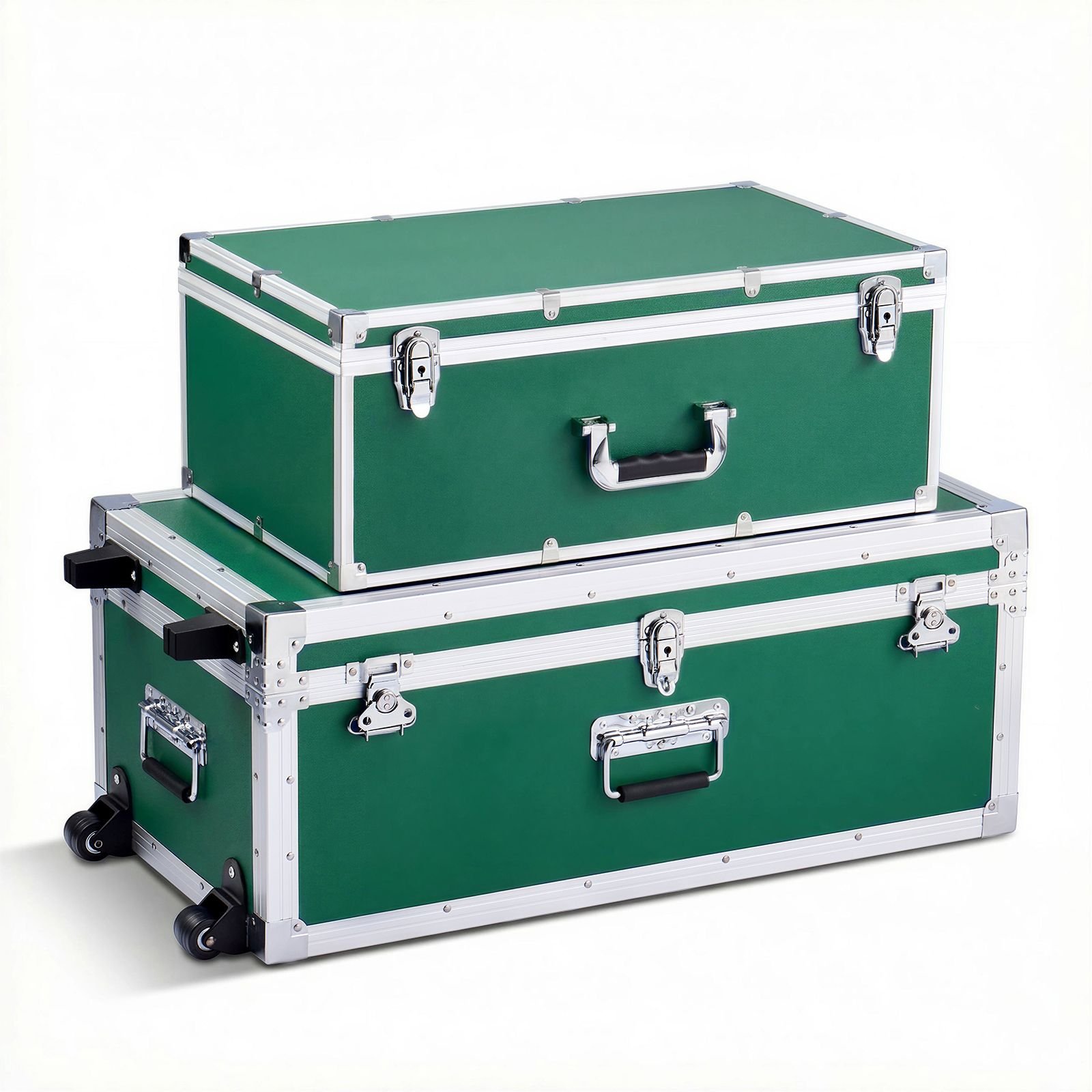 metal storage trunk, set of 2, wooden suitcase storage boxes with padlocks, large trunk includes casters and 3 metal handles, decorative store chest with lids for travel, apartment, dorm, green