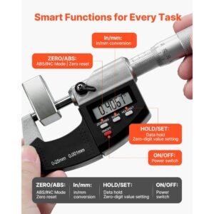 micrometer set, digital outside micrometer 0 1 inch measuring range, 0.00005" resolution, ultra precision 0.0001 accuracy, lcd screen, in/mm switch, carbide tip, with protective case