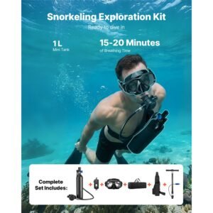 mini scuba tank, 1l portable diving tank for underwater breathing, reusable lung diving cylinder up to 20 minutes dive time, emergency rescue pony bottle with adapter & goggles for snorkeling