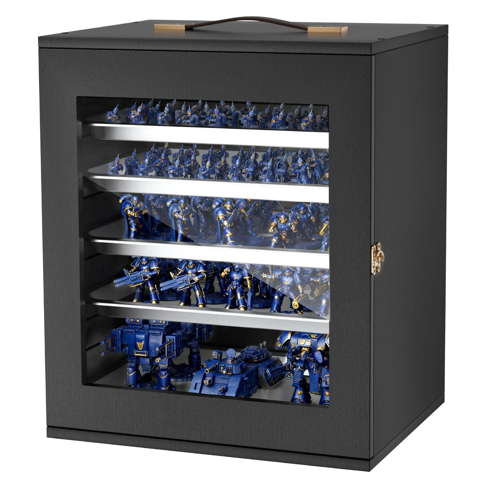 miniatures storage case, fits for 1:1000 1:1500 scale models, wooden miniatures display holder with 5 tray & 11 slots, clear view miniature transport case for collectibles (minis not included)
