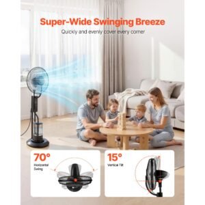 misting fan, 3 wind speeds misting standing fan, mister cooling fans with 0.79 gal water tank, remote & panel control, water cooling fans for indoor, outdoor, garage, patio, living room, 3 modes