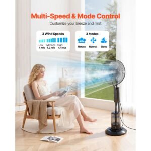 misting fan, 3 wind speeds misting standing fan, mister cooling fans with 0.79 gal water tank, remote & panel control, water cooling fans for indoor, outdoor, garage, patio, living room, 3 modes