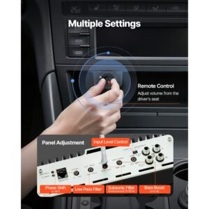 monoblock car amplifier, 1200w rms max, 1/2/4 ohm stable, 1 channel class d car audio amplifier with remote subwoofer level control, low pass filter, bass boost & phase shift, volume controller