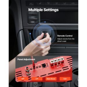 monoblock car amplifier, 1500w rms max, 1/2/4 ohm stable, 1 channel class d car audio amplifier with remote subwoofer level control, low pass filter and bass boost, volume controller included