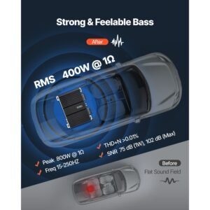 monoblock car amplifier, 400w rms max, 1/2/4 ohm stable, 1 channel class d car audio amplifier with remote subwoofer level control, low pass filter, bass boost & phase shift, volume controller