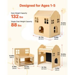 montessori weaning table and chair set, wooden, 3 in 1 kids table and chair set for toddlers 1 5, with detachable chalkboard, 0°& 35°angles, easy to clean, for eating drawing reading playing