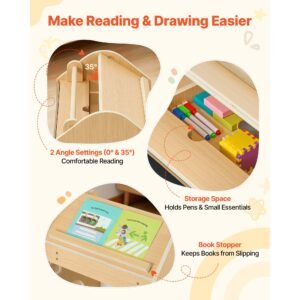 montessori weaning table and chair set, wooden, 3 in 1 kids table and chair set for toddlers 1 5, with detachable chalkboard, 0°& 35°angles, easy to clean, for eating drawing reading playing