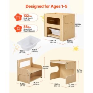 montessori weaning table and chair set, wooden, kids table and chair set for toddlers 1 5, step stool with blackboard and storage space, easy to clean, for eating, drawing, reading, playing