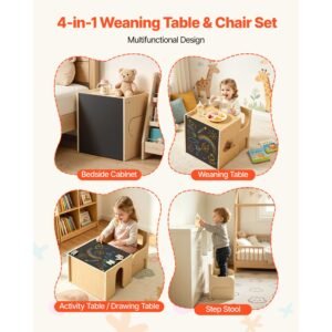montessori weaning table and chair set, wooden, kids table and chair set for toddlers 1 5, step stool with blackboard and storage space, easy to clean, for eating, drawing, reading, playing
