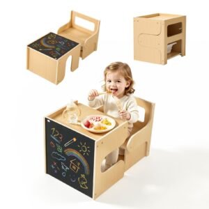 Montessori Weaning Table and Chair Set, Wooden, Kids Table and Chair Set for Toddlers 1-5, Step Stool with Blackboard and Storage Space, Easy to Clean, for Eating, Drawing, Reading, Playing