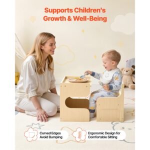 montessori weaning table and chair set, wooden, kids table and chair set for toddlers 1 5, step stool with blackboard and storage space, easy to clean, for eating, drawing, reading, playing