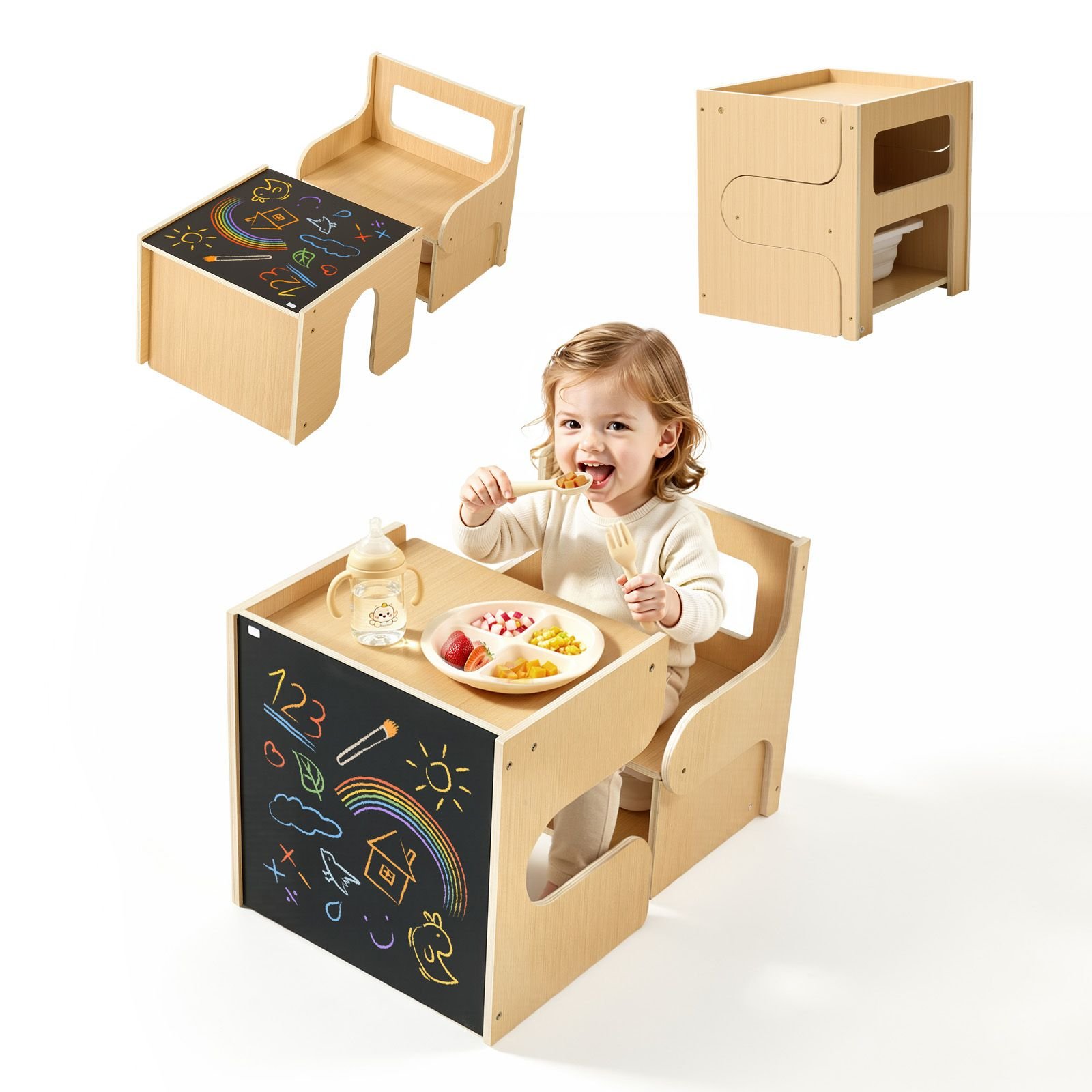 montessori weaning table and chair set, wooden, kids table and chair set for toddlers 1 5, step stool with blackboard and storage space, easy to clean, for eating, drawing, reading, playing
