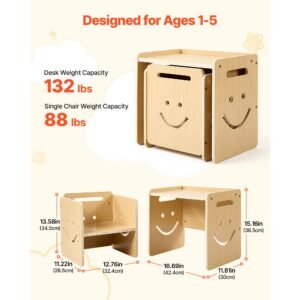 montessori weaning table and chair set, wooden, kids table and chair set for toddlers 1 5, step stool with whiteboard and 3 heights adjustable, easy to clean, for eating drawing reading playing