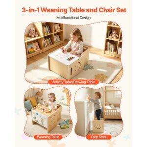 montessori weaning table and chair set, wooden, kids table and chair set for toddlers 1 5, step stool with whiteboard and 3 heights adjustable, easy to clean, for eating drawing reading playing