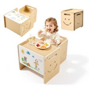 Montessori Weaning Table and Chair Set, Wooden, Kids Table and Chair Set for Toddlers 1-5, Step Stool with Whiteboard and 3 Heights Adjustable, Easy to Clean, for Eating Drawing Reading Playing