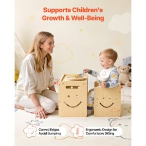 montessori weaning table and chair set, wooden, kids table and chair set for toddlers 1 5, step stool with whiteboard and 3 heights adjustable, easy to clean, for eating drawing reading playing