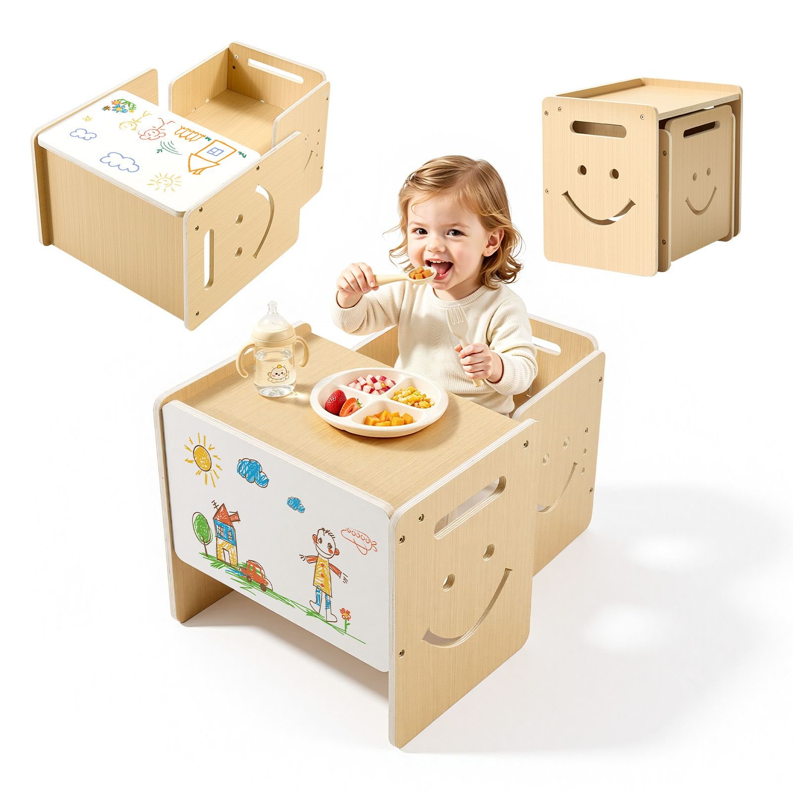 montessori weaning table and chair set, wooden, kids table and chair set for toddlers 1 5, step stool with whiteboard and 3 heights adjustable, easy to clean, for eating drawing reading playing