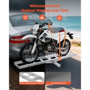 motorcycle carrier, 400 lbs capacity, heavy duty aluminum hitch mount rack with 47in loading ramp, straps & stabilizer, scooter dirt bike trailer hauler for car truck with 2 inch hitch receiver
