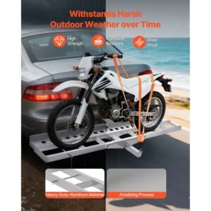 motorcycle carrier, 400 lbs capacity, heavy duty aluminum hitch mount rack with 73in loading ramp, straps & stabilizer, scooter dirt bike trailer hauler for car truck with 2 inch hitch receiver