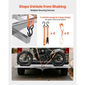 motorcycle carrier, 400 lbs capacity, heavy duty aluminum hitch mount rack with 73in loading ramp, straps & stabilizer, scooter dirt bike trailer hauler for car truck with 2 inch hitch receiver
