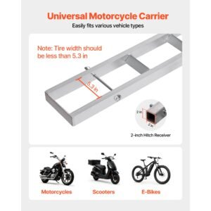 motorcycle carrier, 400 lbs capacity, heavy duty aluminum hitch mount rack with 73in loading ramp, straps & stabilizer, scooter dirt bike trailer hauler for car truck with 2 inch hitch receiver