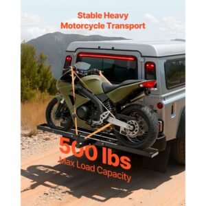 motorcycle carrier, 500 lbs capacity, heavy duty steel hitch mount rack with 47in ramp, ratchet straps & stabilizer, scooter dirt bike trailer hauler for car truck with 2 inch hitch receiver