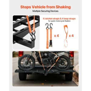 motorcycle carrier, 500 lbs capacity, heavy duty steel hitch mount rack with 47in ramp, ratchet straps & stabilizer, scooter dirt bike trailer hauler for car truck with 2 inch hitch receiver