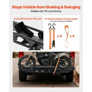 motorcycle carrier, 500 lbs capacity, heavy duty steel hitch mount rack with anti tilt lock device, straps & stabilizer, scooter dirt bike trailer hauler for car truck with 2 inch hitch receiver