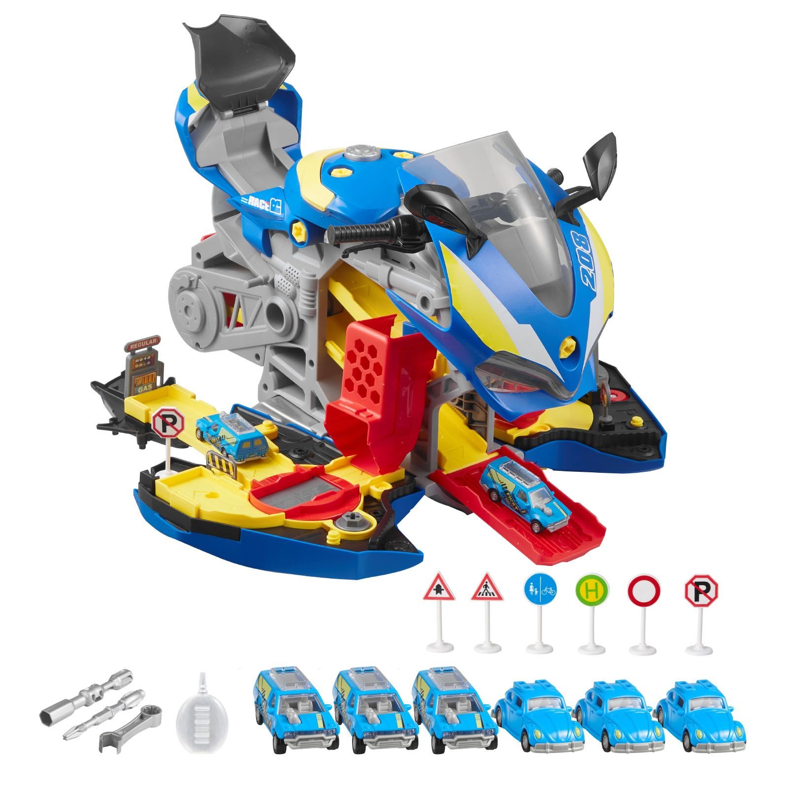 motorcycle engine toy, 25 pieces, motorcycle mechanic toy with removable parts, lights & sounds, simulated riding & track racing, kids mechanic workshop set for toddler 3 years and up, blue