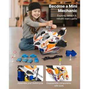 motorcycle engine toy, 25 pieces, motorcycle mechanic toy with removable parts, lights & sounds, simulated riding & track racing, kids mechanic workshop set for toddler 3 years and up, yellow