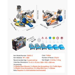 motorcycle engine toy, 25 pieces, motorcycle mechanic toy with removable parts, lights & sounds, simulated riding & track racing, kids mechanic workshop set for toddler 3 years and up, yellow
