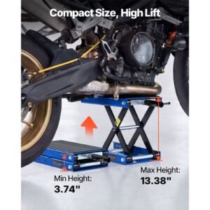 motorcycle lift, 1100 lbs motorcycle scissor lift jack with wide deck & lock pin, 3.74" 13.38" center hoist crank stand, steel scissor jack for street bikes, cruiser bikes, touring, blue/black