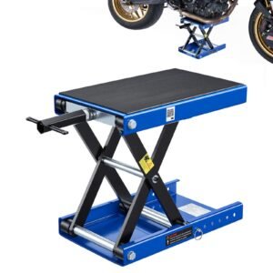 Motorcycle Lift, 1100 lbs Motorcycle Scissor Lift Jack with Wide Deck & Lock Pin, 3.74"-13.38" Center Hoist Crank Stand, Steel Scissor Jack for Street Bikes, Cruiser Bikes, Touring, Blue/Black