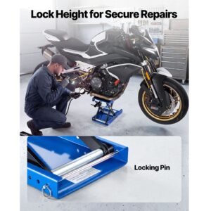 motorcycle lift, 1100 lbs motorcycle scissor lift jack with wide deck & lock pin, 3.74" 13.38" center hoist crank stand, steel scissor jack for street bikes, cruiser bikes, touring, blue/black