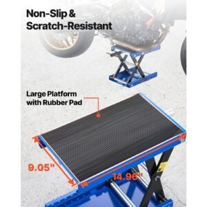 motorcycle lift, 1100 lbs motorcycle scissor lift jack with wide deck & lock pin, 3.74" 13.38" center hoist crank stand, steel scissor jack for street bikes, cruiser bikes, touring, blue/black