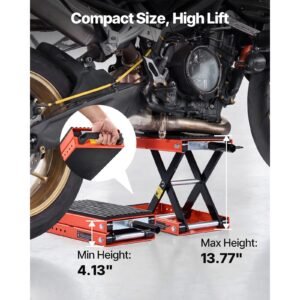 motorcycle lift, 1500 lbs motorcycle scissor lift jack with wide deck & lock pin, 4.13" 13.77" center hoist crank stand, steel scissor jack for street bikes, cruiser bikes, touring motorcycles
