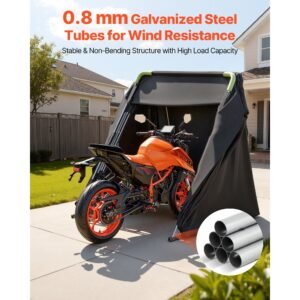 motorcycle storage shelter with security lock, 600d oxford flip up garage tent, heavy duty all weather motorcycle cover with ventilation windows, 136x54x75 in outdoor vehicle shelter, black