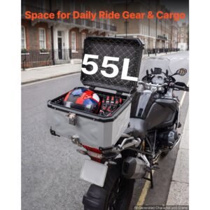 motorcycle top case 55l universal aluminum hard motorcycle tail case, waterproof detachable motorbike top box with security lock & leather liner for luggage storage