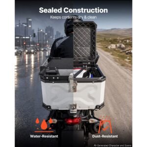 motorcycle top case 55l universal aluminum hard motorcycle tail case, waterproof detachable motorbike top box with security lock & leather liner for luggage storage