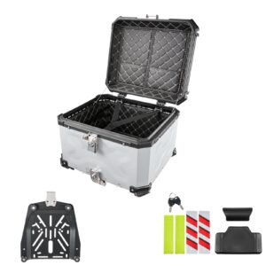 Motorcycle Top Case 55L Universal Aluminum Hard Motorcycle Tail Case, Waterproof Detachable Motorbike Top Box with Security Lock & Leather Liner for Luggage Storage