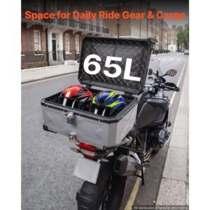 motorcycle top case, 65l universal aluminum hard motorcycle tail case, waterproof detachable motorbike top box with security lock & leather liner for helmets storage