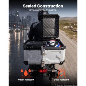 motorcycle top case, 65l universal aluminum hard motorcycle tail case, waterproof detachable motorbike top box with security lock & leather liner for helmets storage